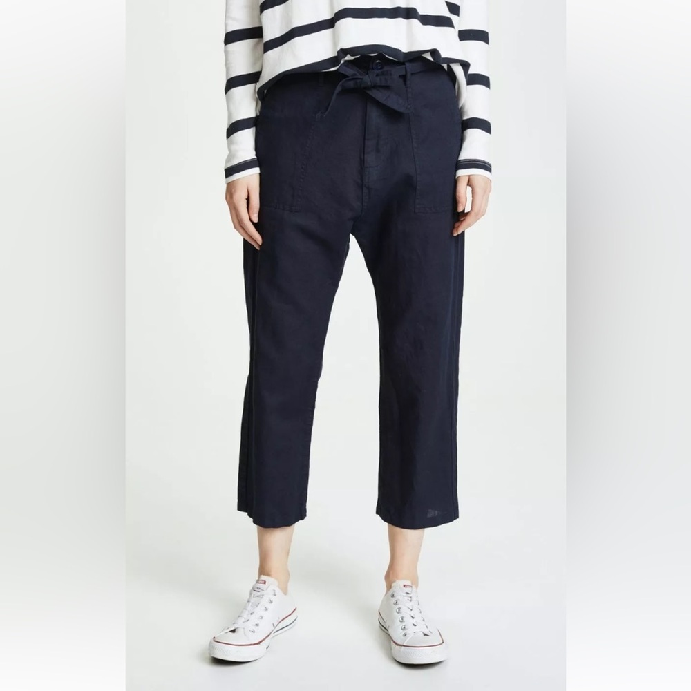 THE GREAT. Navy Blue Convertible Cotton Linen Waist Belted Trousers Pants 2 Med